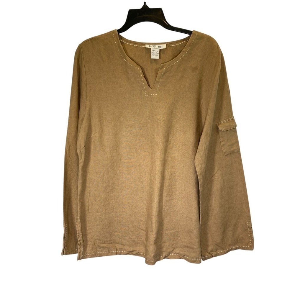 PARAPHRASE Women's 10 Tan 100% linen lagenlook neutral tunic long Sleeve Top